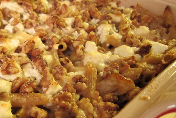 Oven-Baked Penne with Onions, Walnuts and Goat Cheese