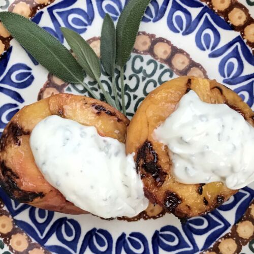 Grilled Peaches with Sage-Honey Skyr