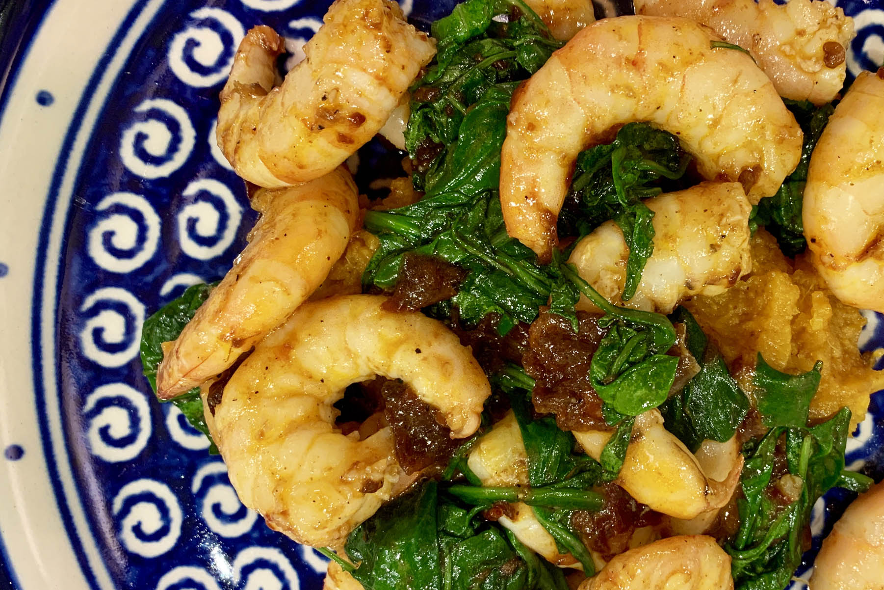 Spicy Shrimp, Greens and Sweet Potatoes