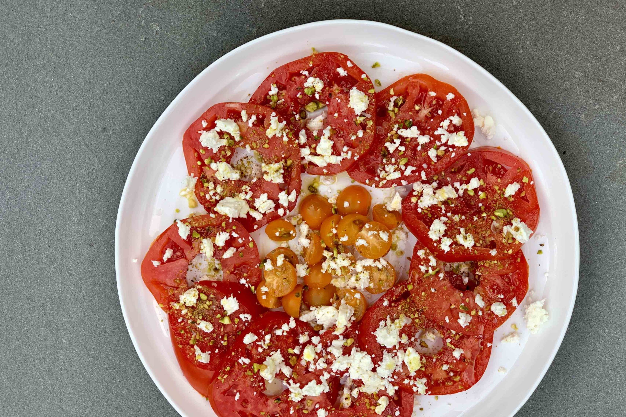 Tomatoes, Pistachios and Barrel Aged Feta