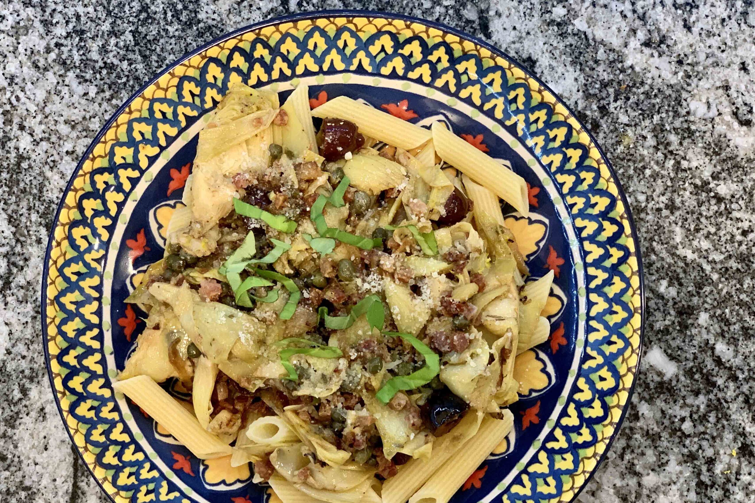 Grilled Artichoke Hearts and Pancetta Penne